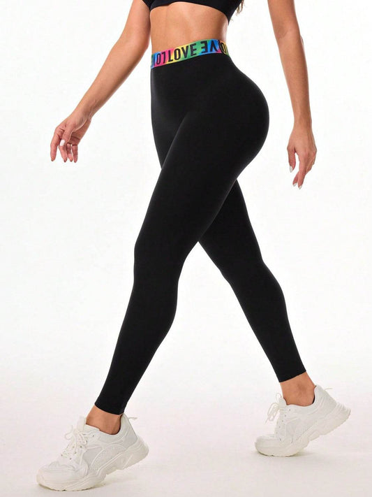 Letter Printed High Waist Active Leggings - Hovatok