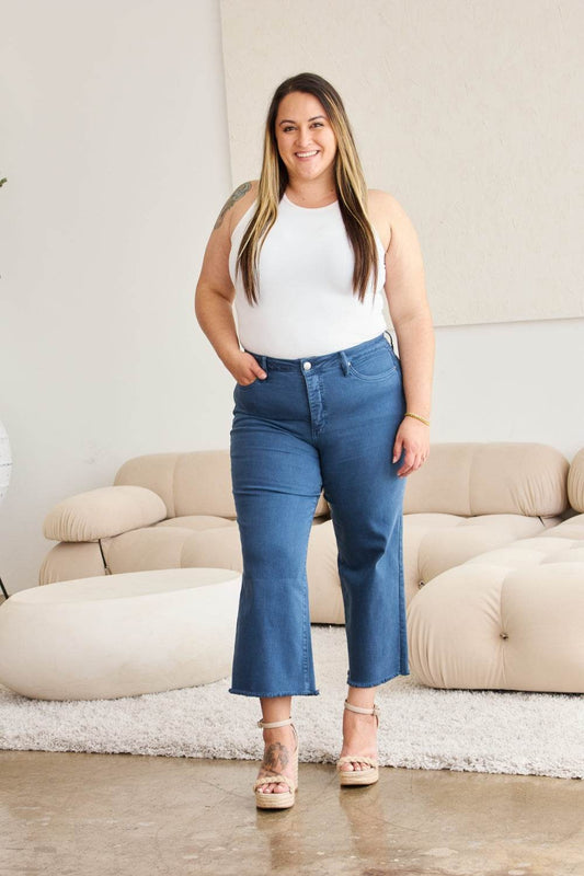 RFM Crop Chloe Full Size Tummy Control High Waist Raw Hem Jeans - Hovatok