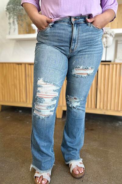 Judy Blue Full Size Distressed Raw Hem Bootcut Jeans - Hovatok