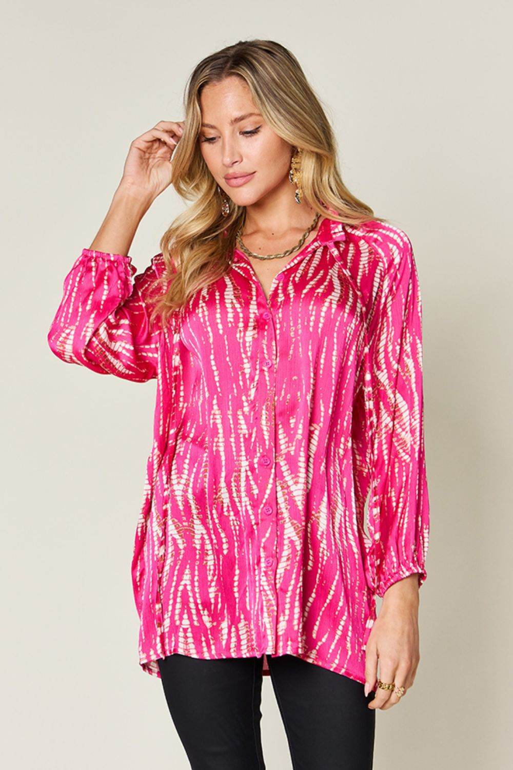 Double Take Full Size Printed Button Up Long Sleeve Shirt - Hovatok