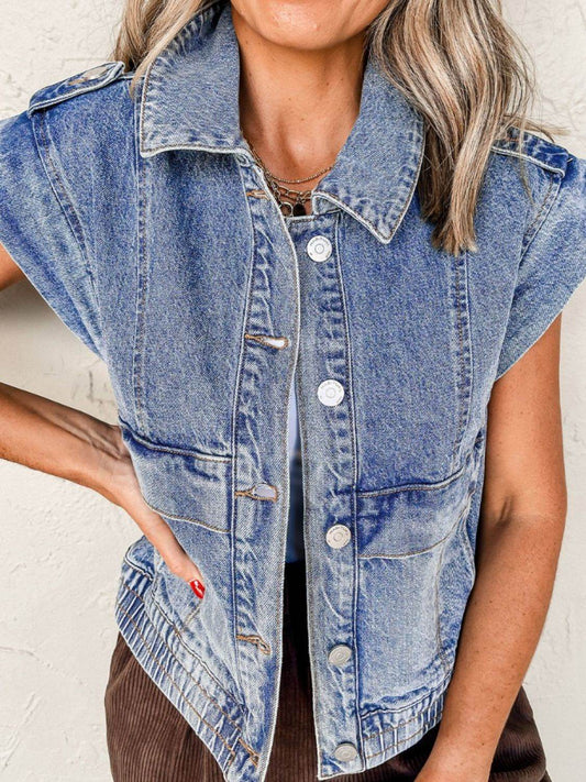 Button Up Cap Sleeve Denim Jacket - Hovatok