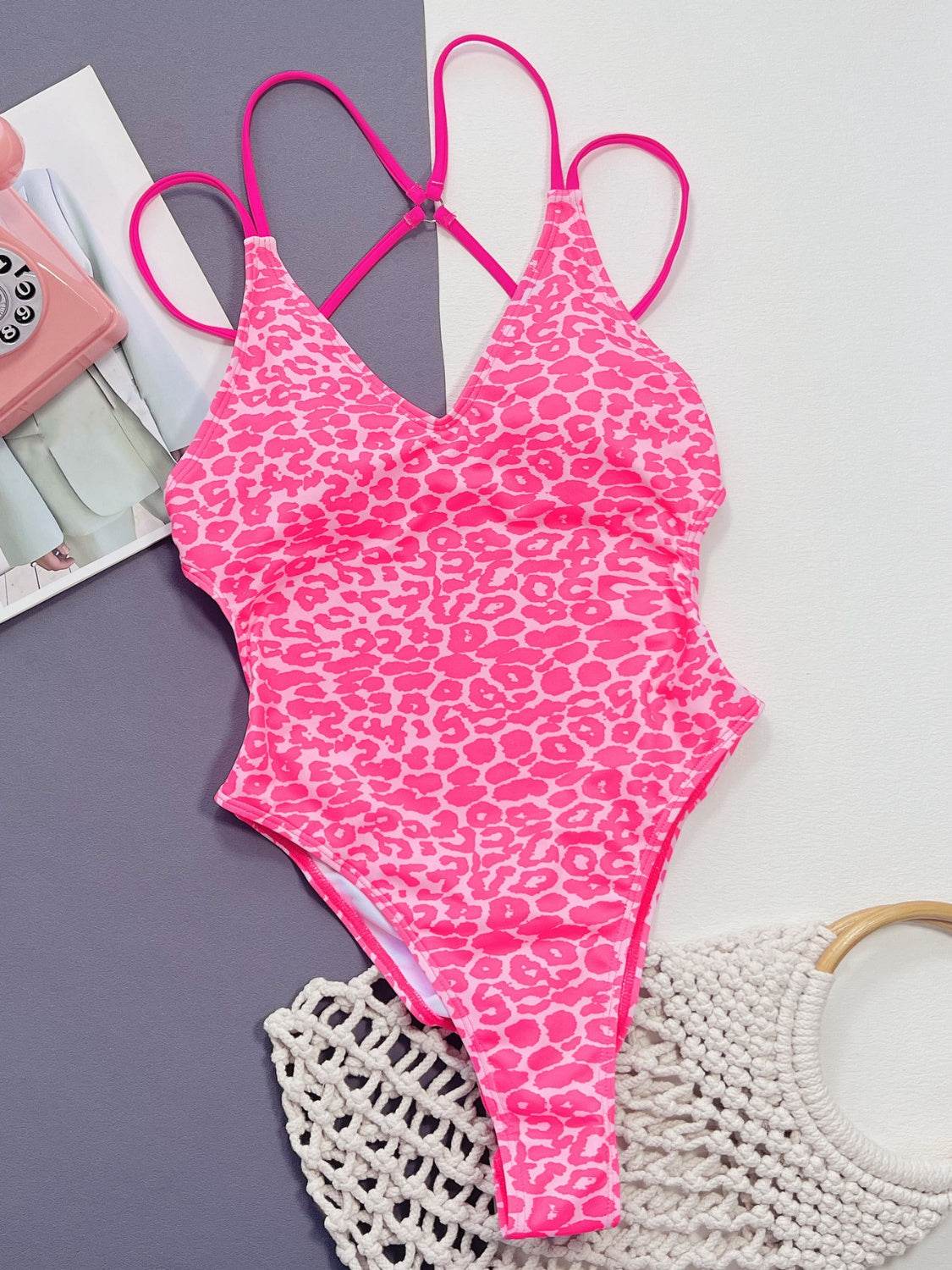 Leopard Plunge Spaghetti Strap One-Piece Swimwear - Hovatok