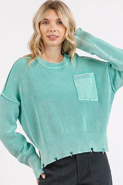 Mittoshop Distressed Hem Round Neck Dropped Shoulder Sweater - Hovatok