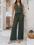 Devine Button Down Vest and Wide Leg Pants Set - Hovatok