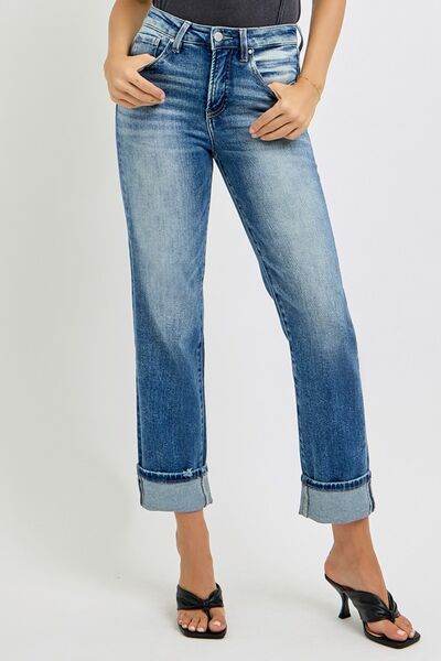 RISEN Full Size High Rise Crop Straight Roll Up Jeans - Hovatok