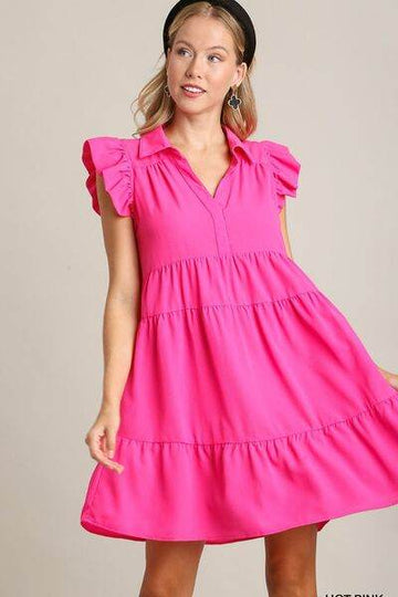 Umgee Full Size Johnny Collar Ruffle Cap Sleeve Tiered Dress Plus Size - Hovatok