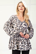 Celeste Full Size Leopard V-Neck Balloon Sleeve Blouse - Hovatok