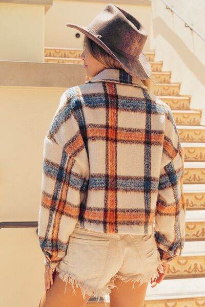 BiBi Brushed Plaid Crop Jacket with Pockets - Hovatok