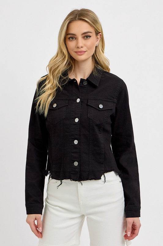 RISEN Full Size Irregular Fray Hem Button Up Denim Jacket Plus Size - Hovatok