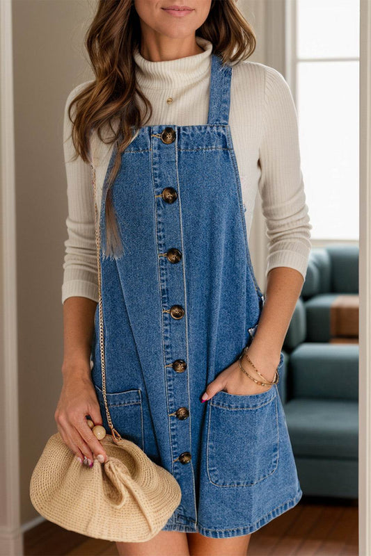 Square Neck Wide Strap Denim Overall Dress - Hovatok