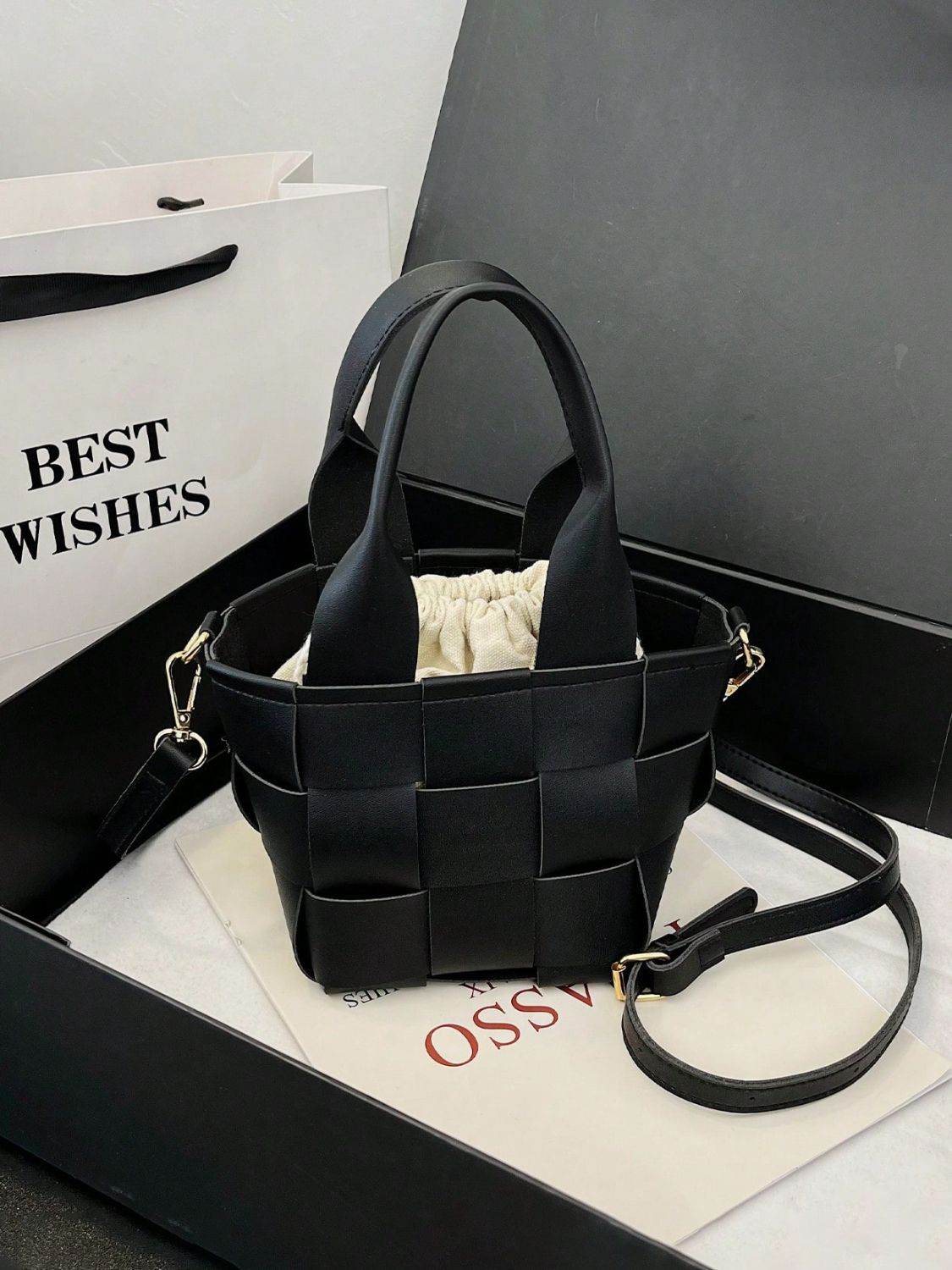 PU Leather Braided Bucket Bag - Hovatok