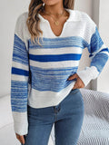 Striped Collared Neck Long Sleeve Sweater - Hovatok