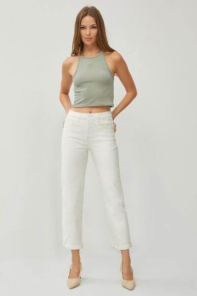 RISEN Full Size High Waist Rolled Hem Straight Jeans - Hovatok