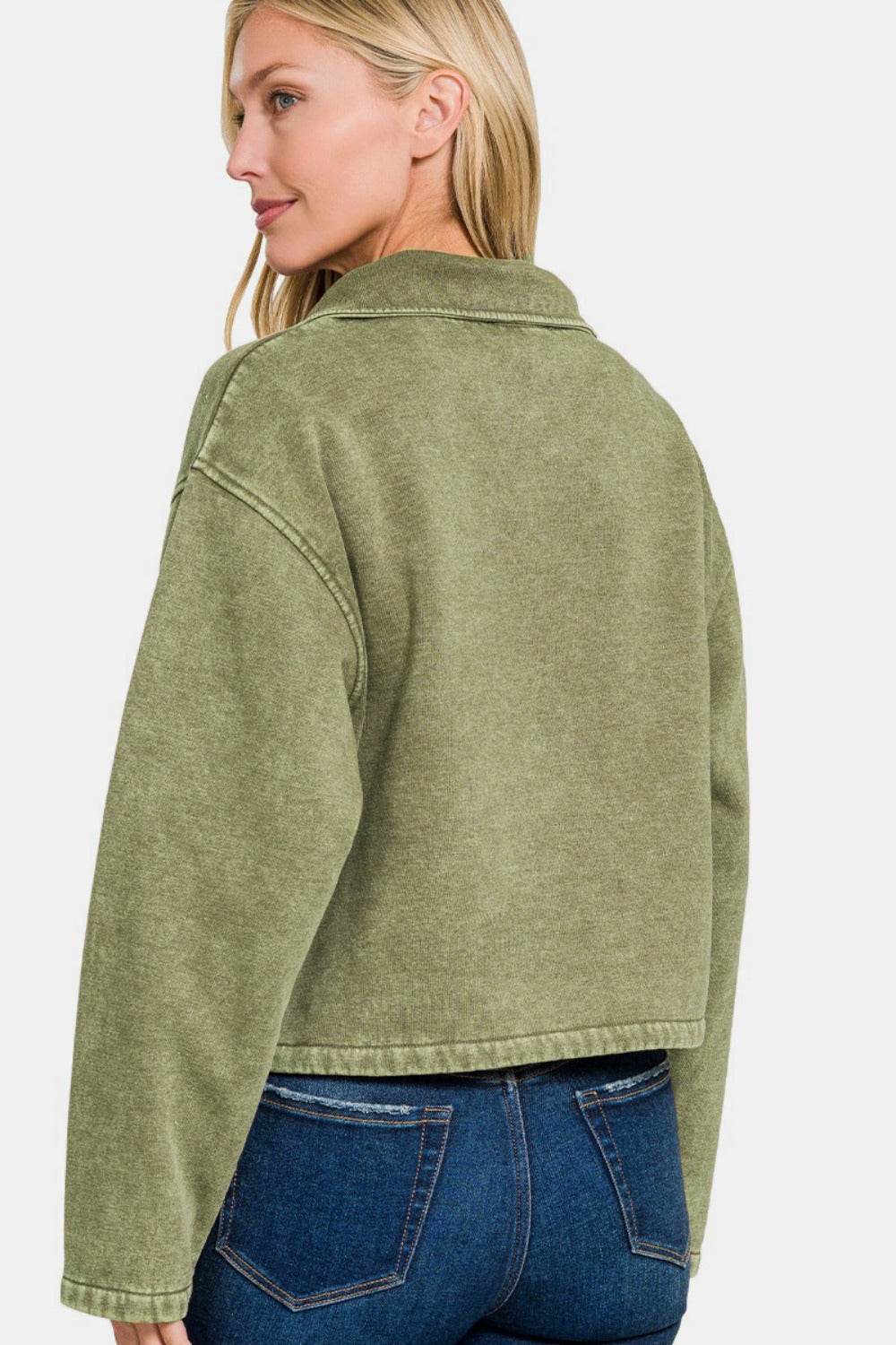Zenana Acid Wash Fleece Half Snap Sweatshirt with Pocket - Hovatok