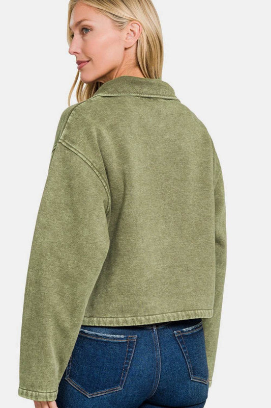Zenana Acid Wash Fleece Half Snap Sweatshirt with Pocket - Hovatok