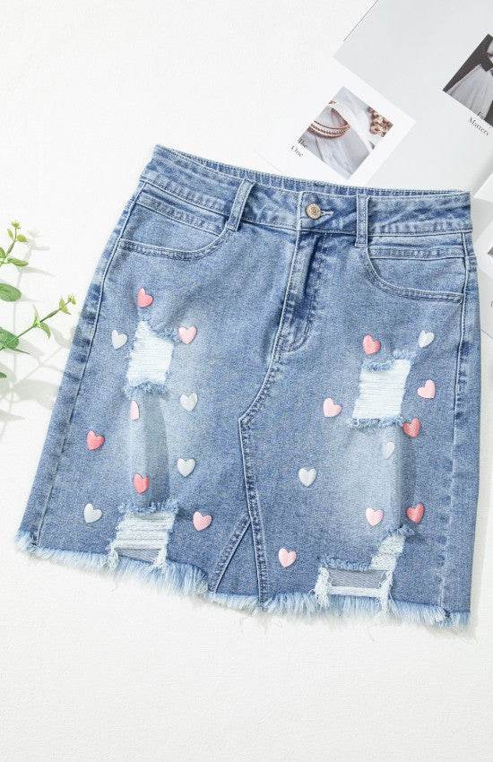 Distressed Raw Hem Heart Denim Skirt - Hovatok