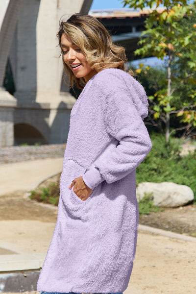 Double Take Full Size Hooded Teddy Bear Jacket with Thumbholes - Hovatok