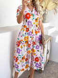 Devine Printed Johnny Collar Button Down Short Sleeve Midi Shirt Dress - Hovatok