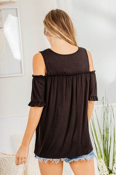 Heimish Full Size Frill Round Neck Cold Shoulder T-Shirt Plus Size - Hovatok