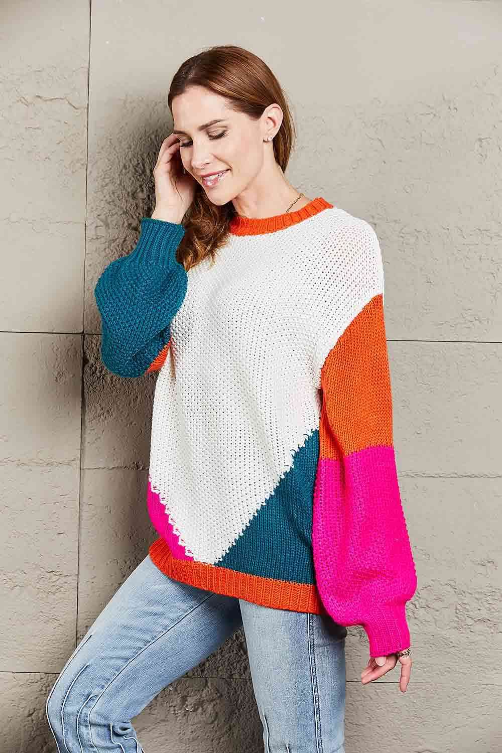 Angel Wings Color Block Round Neck Drop Shoulder Sweater - Hovatok