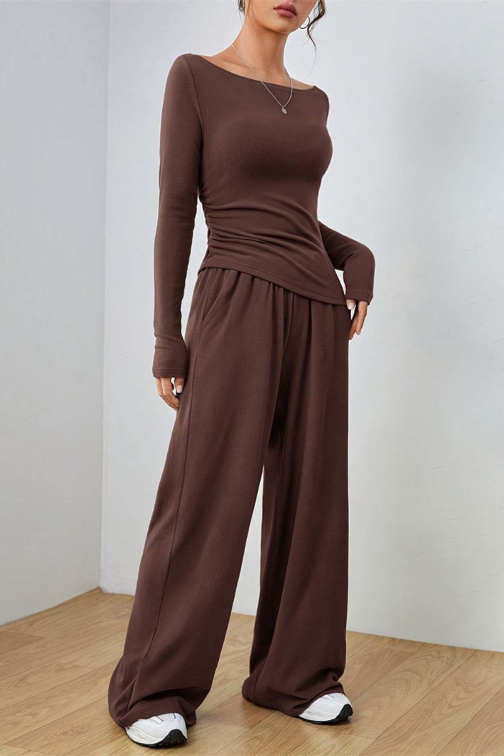 Boat Neck Long Sleeve Top and Pants Set - Hovatok