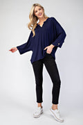 Celeste Full Size Notched Three-Quarter Sleeve Blouse - Hovatok
