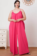 Double Take Full Size Ruffle Trim Tie Back Cami Jumpsuit with Pockets - Hovatok