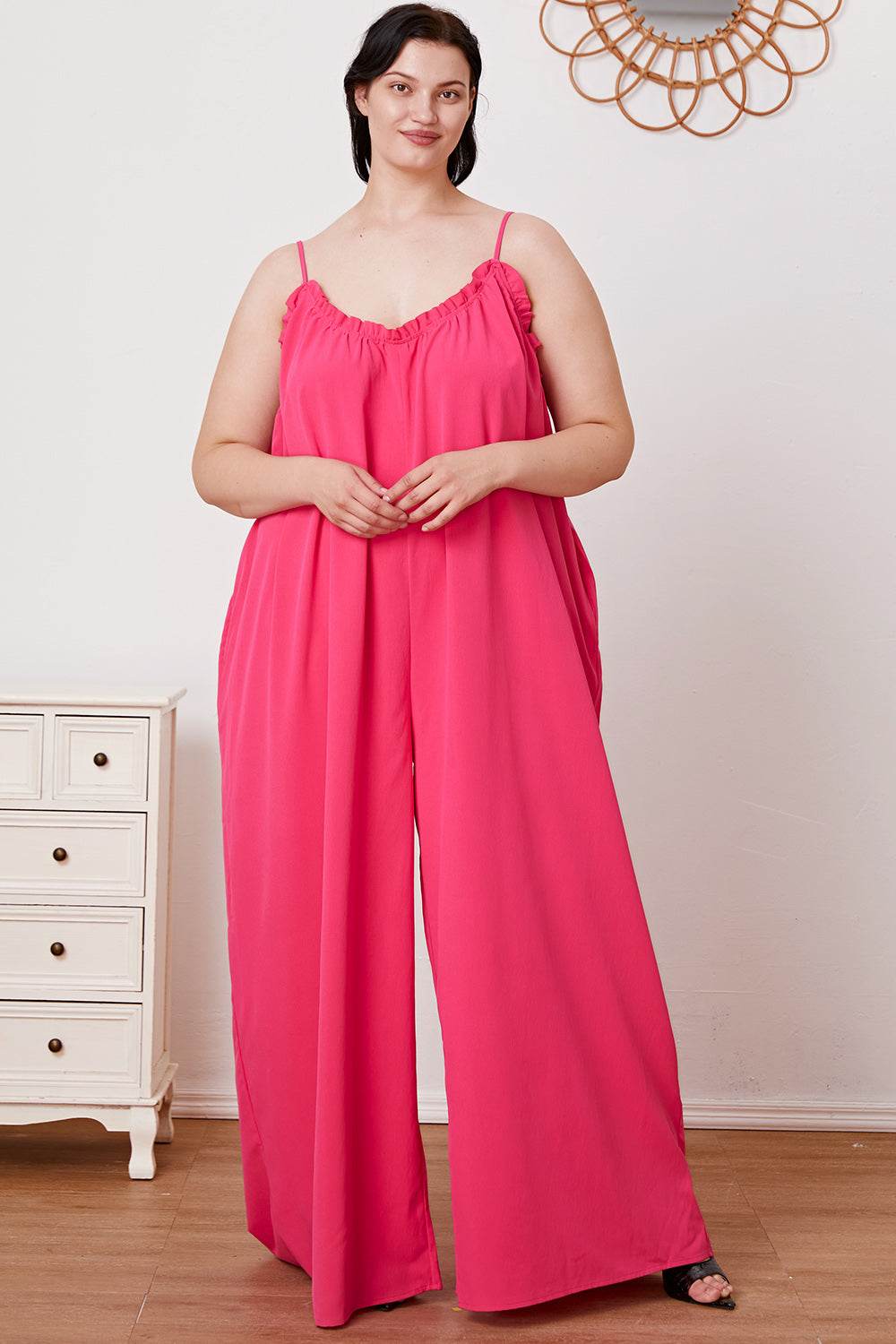 Double Take Full Size Ruffle Trim Tie Back Cami Jumpsuit with Pockets - Hovatok