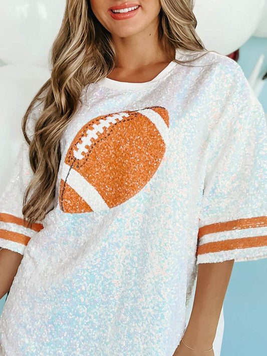 Sequin Football Round Neck Half Sleeve Oversize Top - Hovatok
