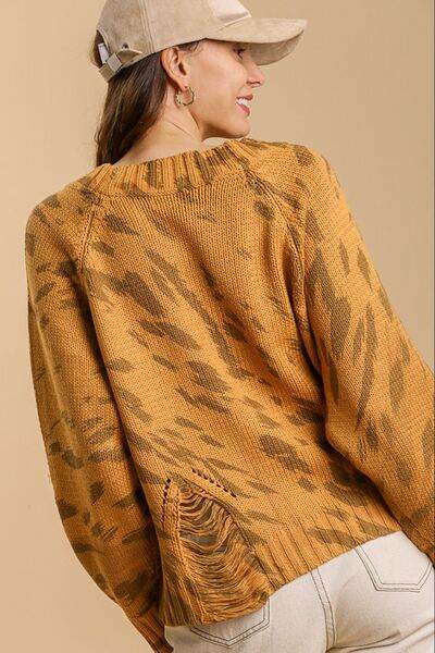 Umgee Full Size Animal Print Round Neck Distressed Detail Sweater Plus Size - Hovatok