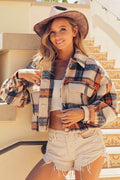 BiBi Brushed Plaid Crop Jacket with Pockets - Hovatok