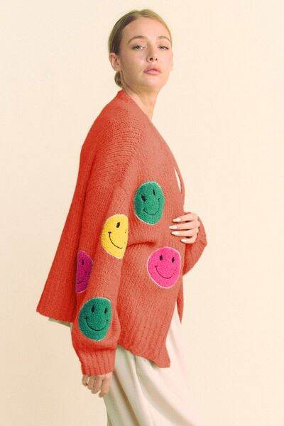 Davi & Dani Fuzzy Smile Open Front Long Sleeve Cardigan - Hovatok