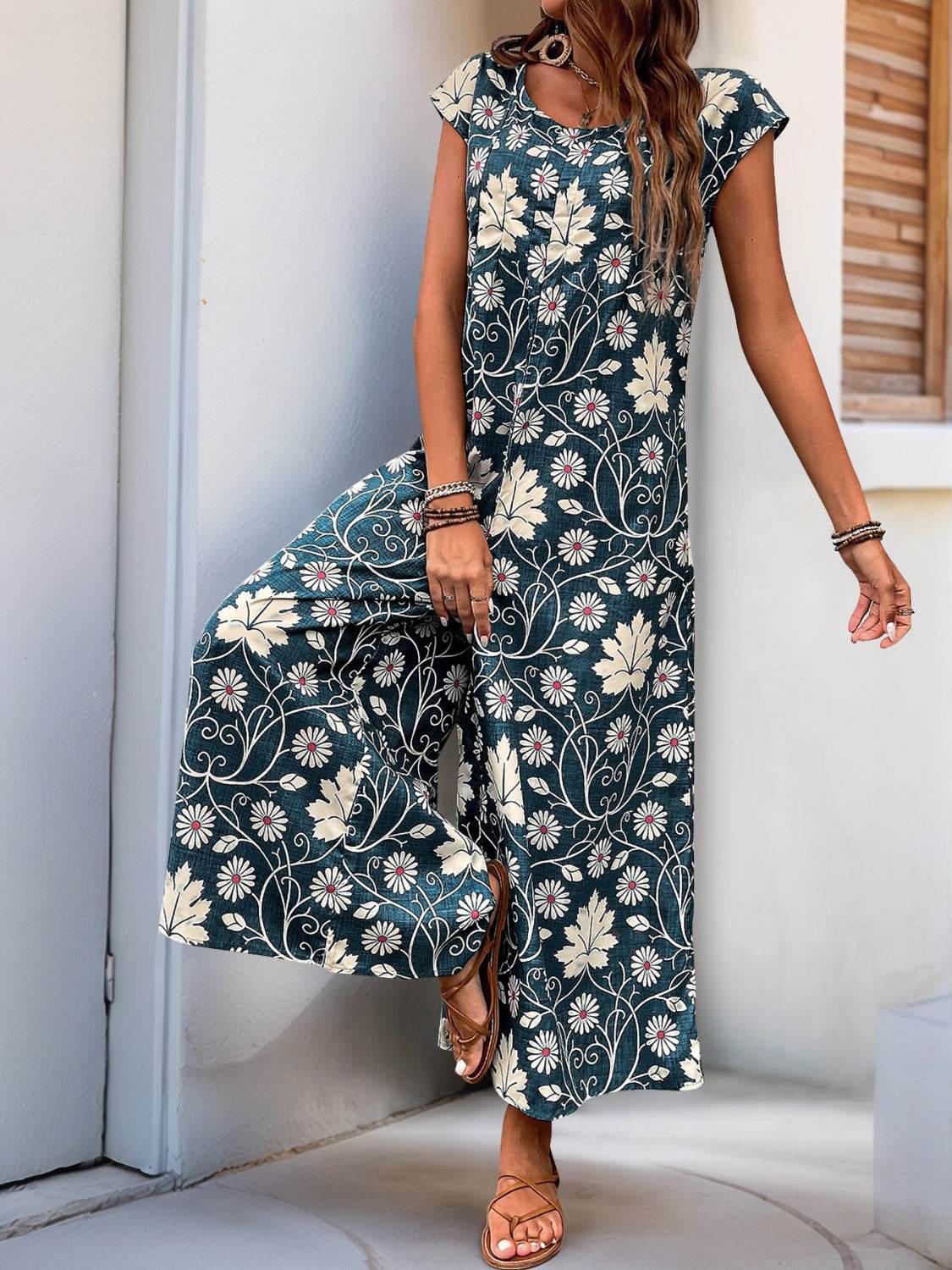 Perfee Printed Round Neck Cap Sleeve Wide Leg Jumpsuit - Hovatok