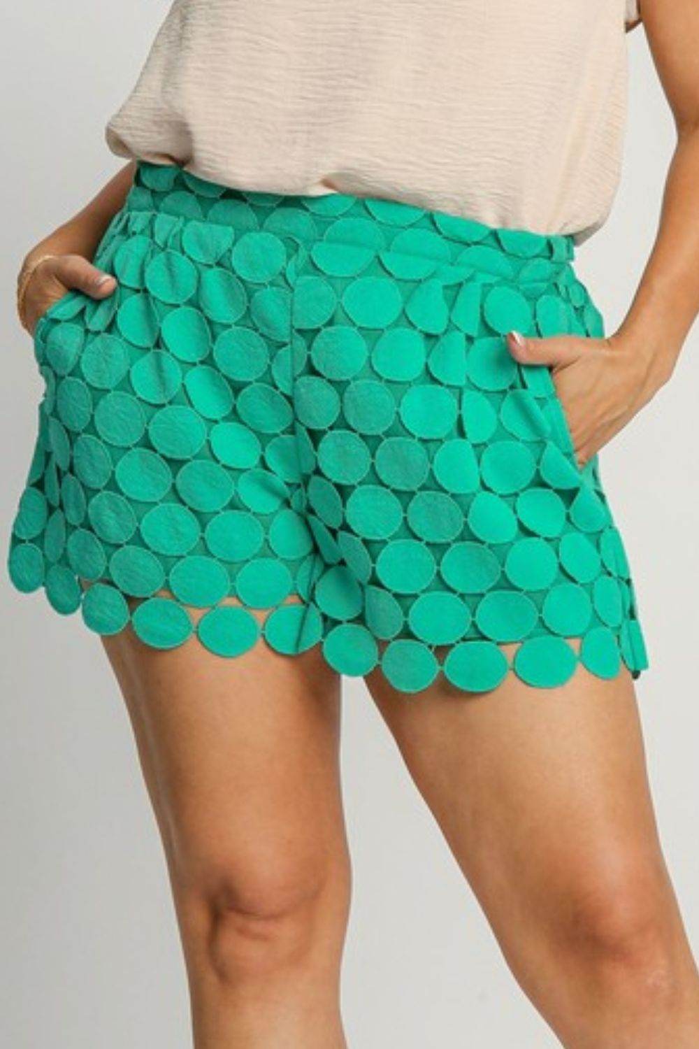 Umgee Full Size Polka Dot Lace Shorts Plus Size - Hovatok