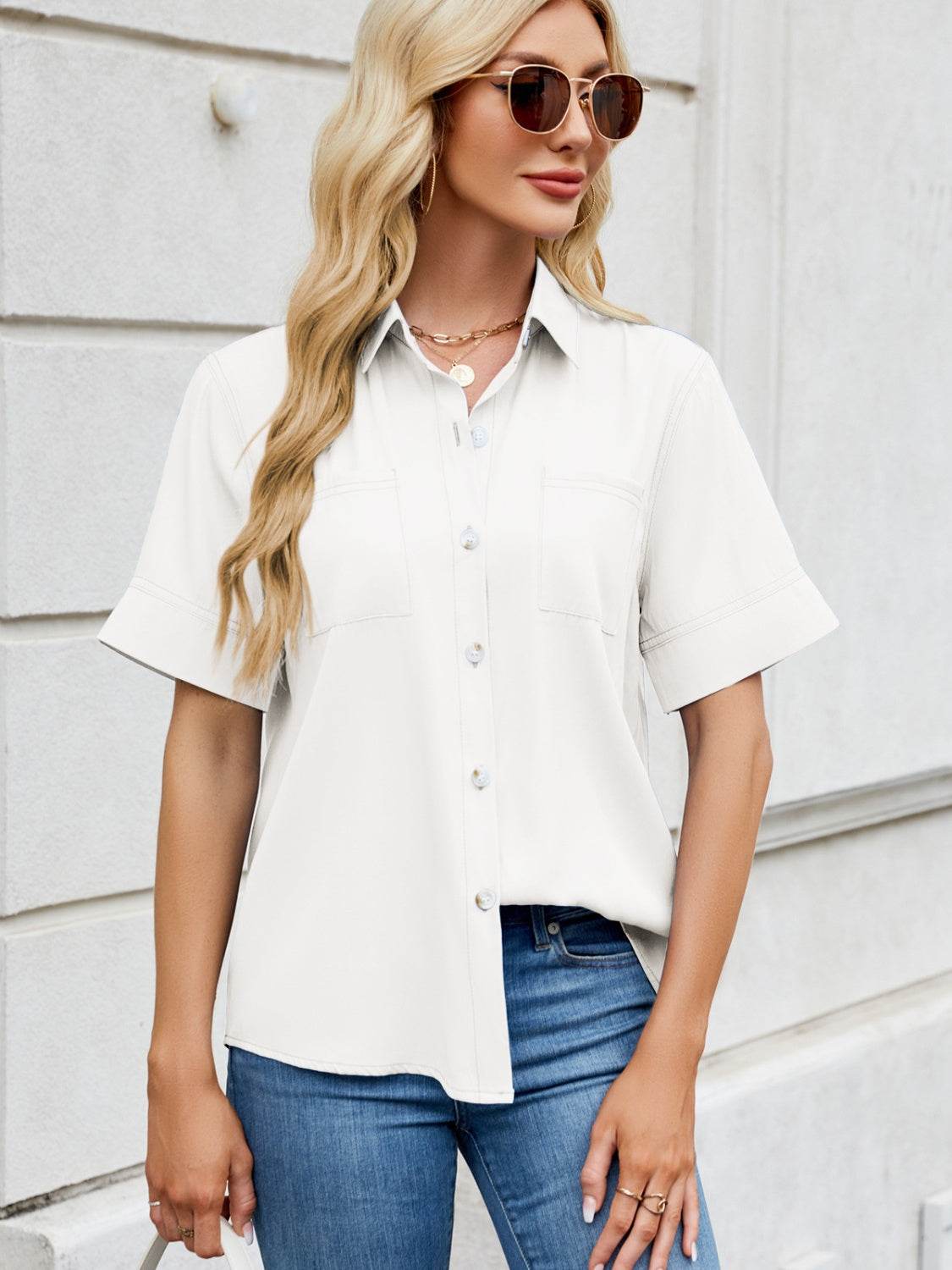 Collared Neck Short Sleeve Shirt - Hovatok
