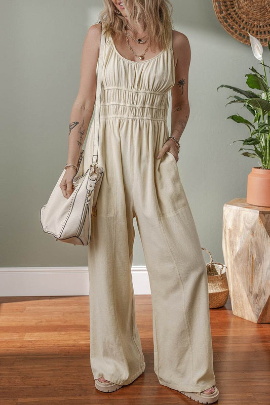 Ruched Sleeveless Wide Leg Jumpsuit - Hovatok