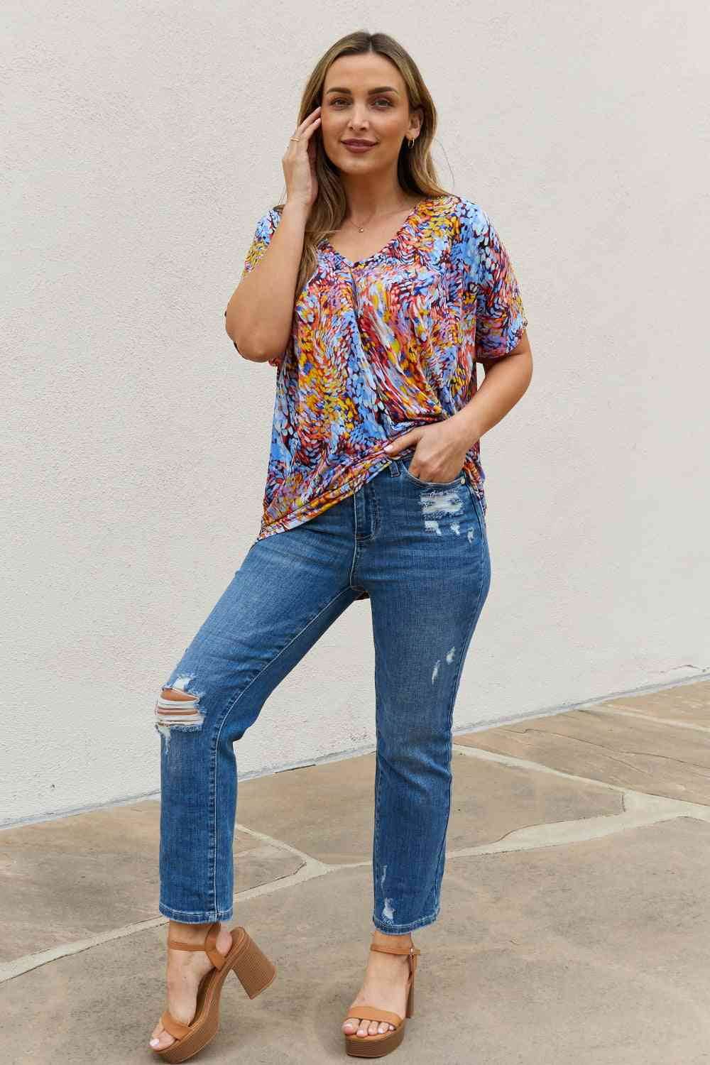 Be Stage Full Size Printed Dolman Flowy Top - Hovatok