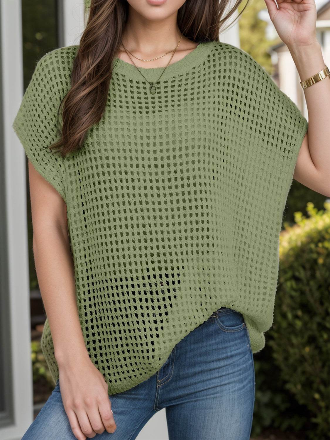 Openwork Round Neck Short Sleeve Cover-Up - Hovatok