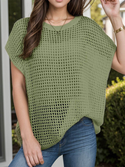 Openwork Round Neck Short Sleeve Cover-Up - Hovatok