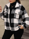 Plus Size Pocketed Plaid Collared Neck Jacket - Hovatok