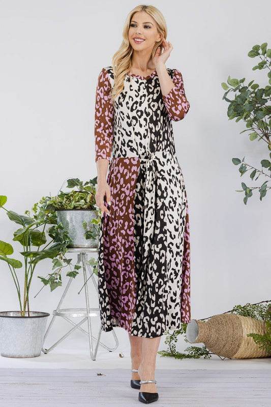Celeste Full Size Leopard Color Block Front Tie Midi Dress Plus Size - Hovatok