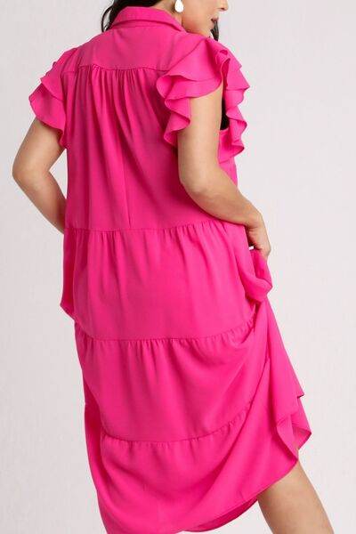 Umgee Full Size Johnny Collar Ruffle Cap Sleeve Tiered Dress Plus Size - Hovatok