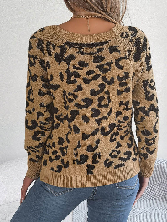 Leopard Buttoned Square Neck Sweater - Hovatok