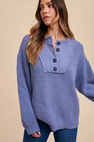 Annie Wear Half Button Ribbed Hem Sweater - Hovatok