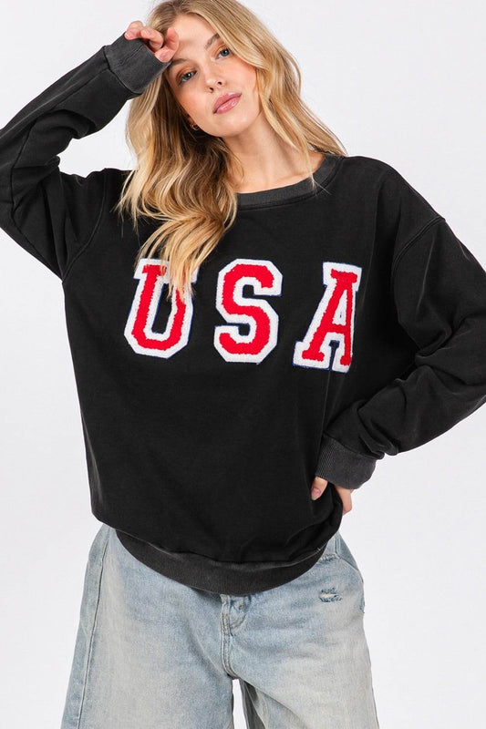 SAGE + FIG USA Letter Patch Round Neck Sweatshirt - Hovatok
