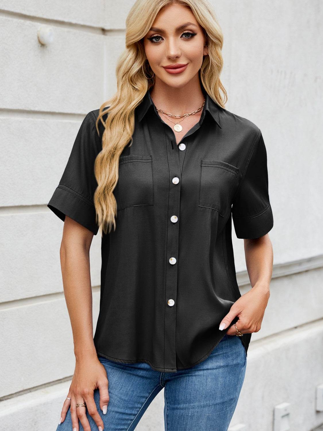 Collared Neck Short Sleeve Shirt - Hovatok