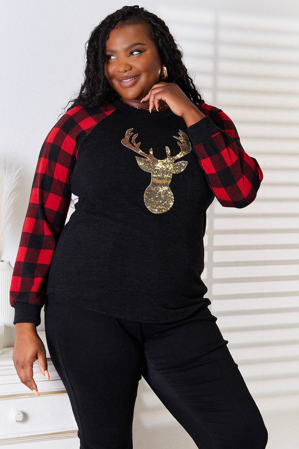 Heimish Full Size Sequin Reindeer Graphic Plaid Top - Hovatok