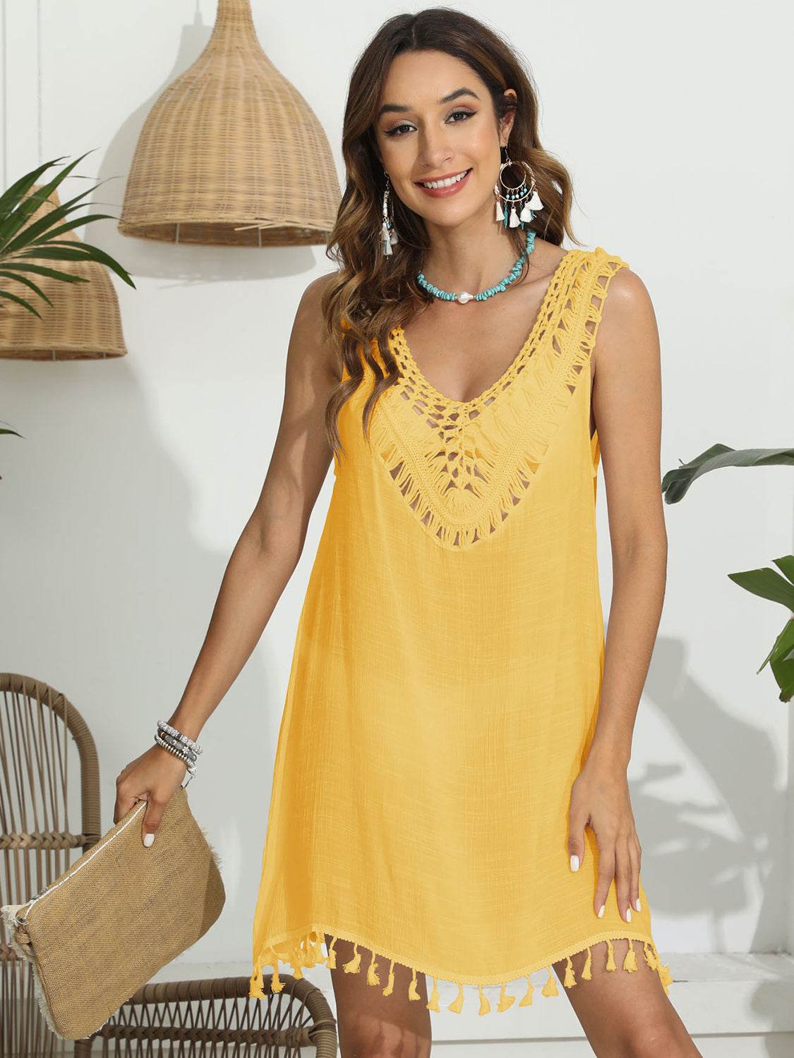 Tassel Scoop Neck Wide Strap Cover-Up - Hovatok
