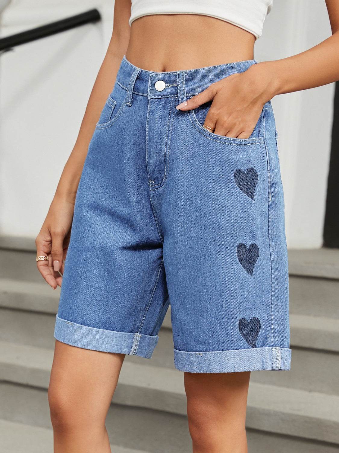 Heart-Pattern Rolled Hem Denim Shorts - Hovatok