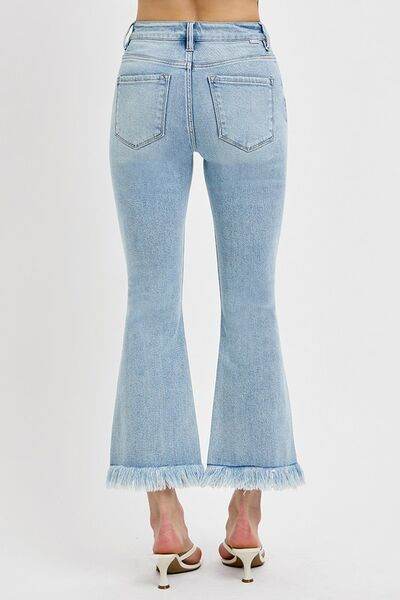 RISEN Full Size Raw Hem Distressed Cropped Flare Jeans Plus Size - Hovatok